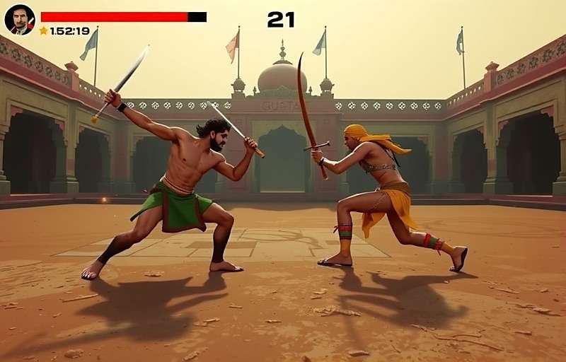 Gujarat Gladiators Exciting Gameplay Gujarat Gladiators gameplay showing two warriors fighting in a traditional arena