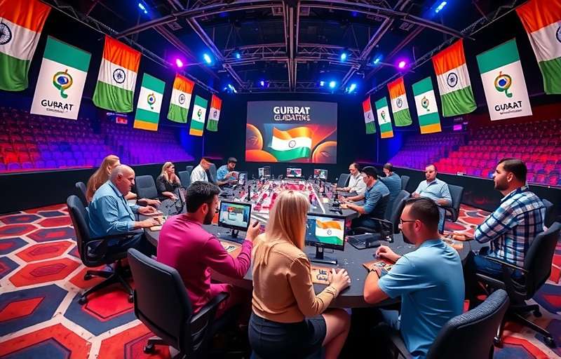 Gujarat Gladiators Tournament Gujarat Gladiators tournament with players competing in a gaming arena decorated with Indian flags