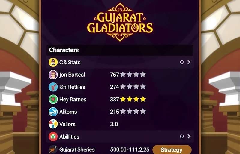 Gujarat Gladiators Strategy Guide Gujarat Gladiators strategy guide showing character selection screen with stats and abilities